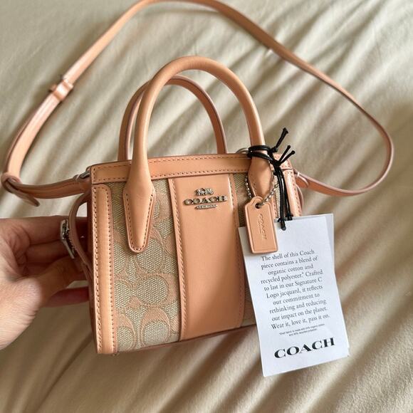 COACH Andrea Mini Carryall Signature Jacquard Peach Tan Refined Calf Leather NWT - Picture 15 of 15